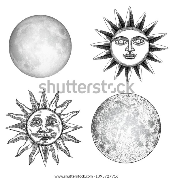 Style set of realistic full moon and human face like\
crescent, stipple hand drawing, anthropomorphic  vintage sun\
engraving with rays like a star. Astrology or astronomy planet\
design. Vector. 