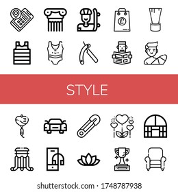 style simple icons set. Contains such icons as Location, Shirt, Column, Swimsuit, Skater, Shaving razor, Shopping bag, Reading, Shaving brush, can be used for web, mobile and logo