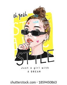 style slogan with cartoon girl hair bun in sunglasses illustration