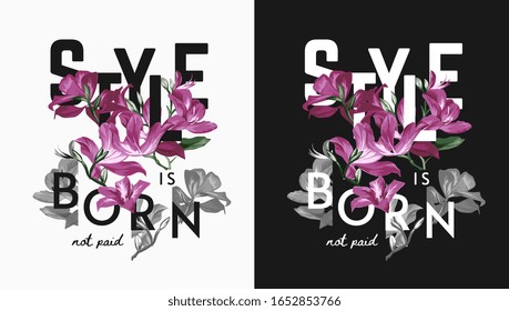 style slogan with orchid flower on black and white background