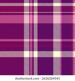 Style tartan fabric textile, swatch texture vector background. Ragged check plaid seamless pattern in pink and purple colors palette.