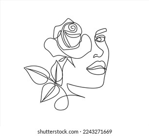 Style templates with abstract female face and rose. Modern minimalist simple linear style. Beauty fashion design
