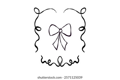 Style trendy coquette flirtatious aesthetic ribbon bow in frame on the white background. Hand drawn girls hairstyle accessories. Isolated girly vintage elements. Vector illustration.