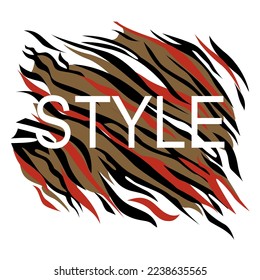 Style. Typographic design for a t-shirt with the word Style and red, black and brown lines on a white background.