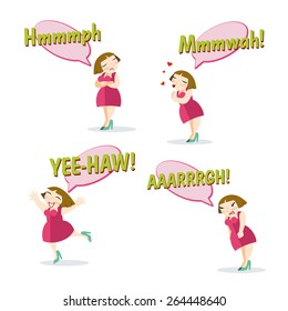 Style vector female character with emotions. Text expressions in bubbles. Comics design.