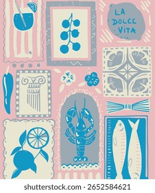 style vibrant posters with Italian text Bella Ciao, Dolce Vita, Bella Vita. Wavy hand-drawn frames in vector format, ideal for fashion graphics, t-shirt prints, posters, and cards.
