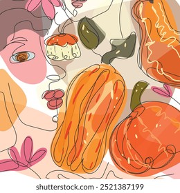 Style wallpaper with man face, flowers and pumpkins. Modern fall illustration with dots, spots, lines.