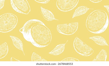 Style white pattern on yellow background, food wallpaper. Vintage drawing cut lemon sketch pattern. 