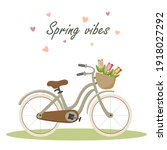 Style woman city bike with basket of tulips. Cartoon style vector image on white background. For clipart, postcard, print, poster.