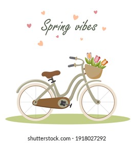 Style woman city bike with basket of tulips. Cartoon style vector image on white background. For clipart, postcard, print, poster.
