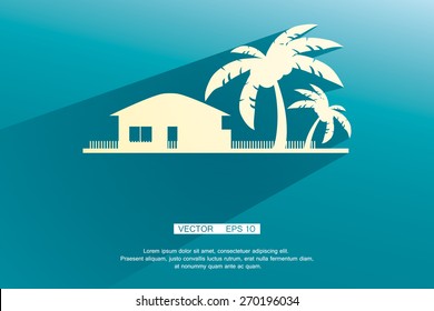 Bungalows con estilo y palmeras blancas con sombras planas sobre un fondo azul. fondo vectorial