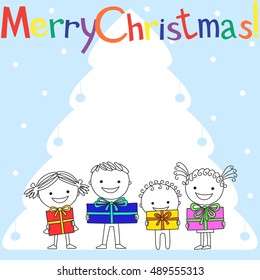 Styled Christmas tree on blue background with falling snow. Colored inscription Merry Christmas is on the top of picture.