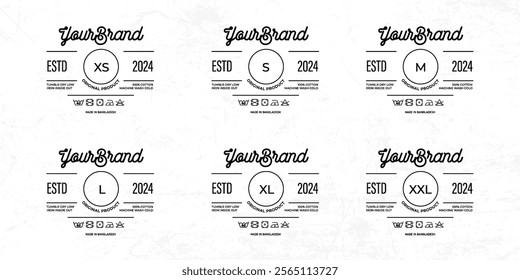 Styled Clothing Label Templates Featuring Various Sizes and Design Instructions