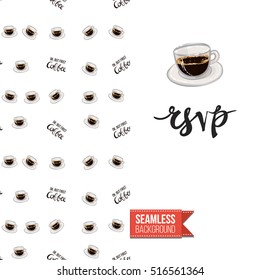 Styled greeting card for caffeine addicts, inspired by variety of coffee beverages. Seamless pattern with on one side. On another inscription: rsvp. Vector template.