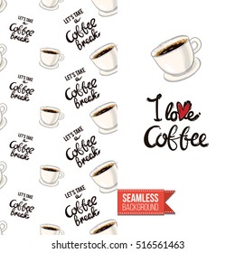 Styled greeting card for caffeine addicts, inspired by variety of coffee beverages. Seamless pattern with on one side. On another inscription: i love coffee. Vector template.