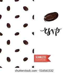 Styled greeting card for caffeine addicts, inspired by variety of coffee beverages. Seamless pattern with on one side. On another inscription: rsvp. Vector template.