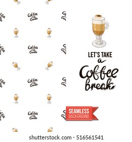 Styled greeting card for caffeine addicts, inspired by variety of coffee beverages. Seamless pattern with on one side. On another inscription: take a coffee break. Vector template.