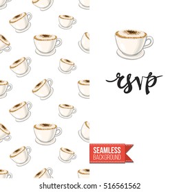 Styled greeting card for caffeine addicts, inspired by variety of coffee beverages. Seamless pattern with on one side. On another inscription: rsvp. Vector template.