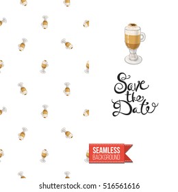 Styled greeting card for caffeine addicts, inspired by variety of coffee beverages. Seamless pattern with on one side. On another inscription: save the date. Vector template.