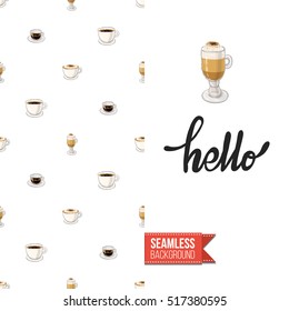 Styled greeting card for caffeine addicts, inspired by variety of coffee beverages. Seamless pattern with on one side. On another inscription: hello. Vector template.