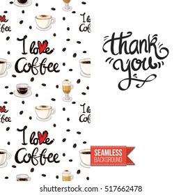 Styled greeting card for caffeine addicts, inspired by variety of coffee beverages. Seamless pattern with on one side. On another inscription: thank you. Vector template.