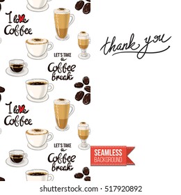 Styled greeting card for caffeine addicts, inspired by variety of coffee beverages. Seamless pattern with on one side. On another inscription: thank you. Vector template.