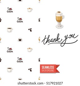 Styled greeting card for caffeine addicts, inspired by variety of coffee beverages. Seamless pattern with on one side. On another inscription: thank you. Vector template.