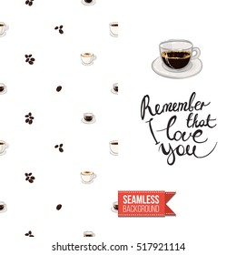 Styled greeting card for caffeine addicts, inspired by variety of coffee beverages. Seamless pattern with on one side. On another inscription: remember that i love you. Vector template.
