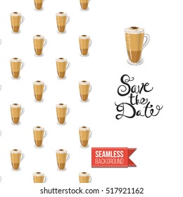 Styled greeting card for caffeine addicts, inspired by variety of coffee beverages. Seamless pattern with on one side. On another inscription: save the date. Vector template.