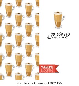 Styled greeting card for caffeine addicts, inspired by variety of coffee beverages. Seamless pattern with on one side. On another inscription: rsvp. Vector template.