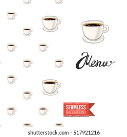 Styled greeting card for caffeine addicts, inspired by variety of coffee beverages. Seamless pattern with on one side. On another inscription: menu. Vector template.