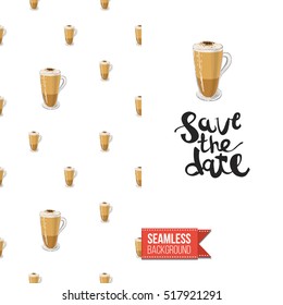 Styled greeting card for caffeine addicts, inspired by variety of coffee beverages. Seamless pattern with on one side. On another inscription: save the date. Vector template.