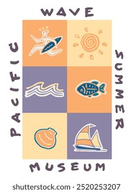 Styled illustration of elements from the Pacific coast.