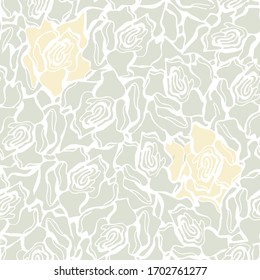 Styled pale gray and yellow roses seamless pattern on a white background