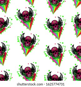 Styled seamless pattern of pink skull with wings hipster tattoo colorful vector on white background.
