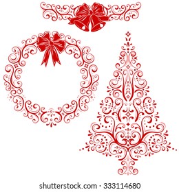 Styled set of Christmas decorations. Vector illustration of Christmas decorations. It contains stylized christmas tree, wreath, christmas bells.