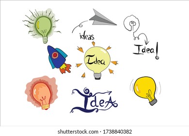 Styled set of vector lightbulbs, ideas  collection colorful logotypes. New idea symbols, icons and creativity flat bright cartoon bulbs. Green ,orange and yellow colors sign. Idea logo