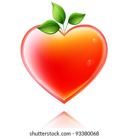 Styled shiny heart with green leaves. Concept of  growing love.