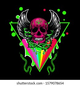 Styled skull with wings hipster tattoo colorful vector clip art on vape theme, t-shirt print, vector illustration isolated on black background.

