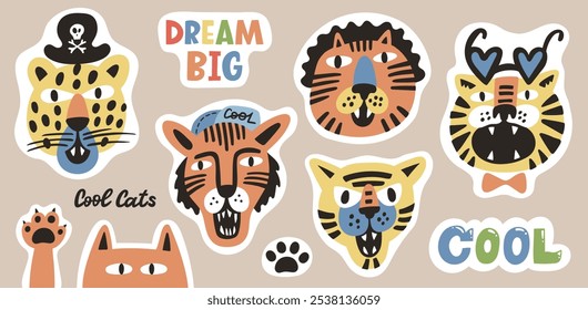 Cabezas de animales maullando coloridas y de moda. Gato lindo, guepardo y tigre dibujados a mano personajes. La cita de letras sueña en grande. Diseño de impresión, póster, logotipo o pegatina. Conjunto de Vector.