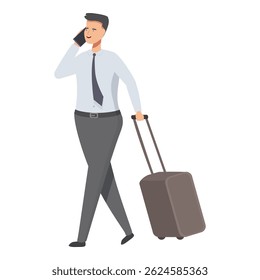Styled vector of a businessman with a suitcase on wheels using a mobile phone