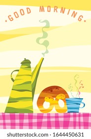 Styled vector illustration of a morning stillife with cake and coffee.