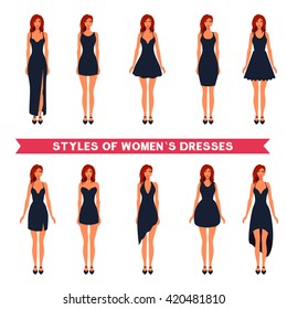 Styles of women`s elegance dresses on model. Illustration isolated on white background. Variations of female clothes. Prom, graduation party, gown, evening outfit.