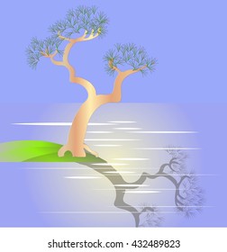 Styleside pine tree on bank. Green needles brown branches, blue sky, water, green grass, flat design. Vector illustration