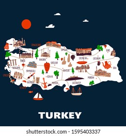 Stylezed map of Turkey with different attractions and symbols. Vector illustration
