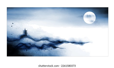 Styliized landscape with pagoda temple on misty hills in simple minimalist style. Traditional oriental ink painting sumi-e, u-sin, go-hua. Translation of hieroglyph - spirit