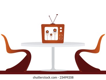 Stylin retro lounge, with table, chairs and vintage television. Isolated on white background.