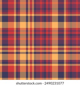 Styling check fabric plaid, decorate tartan pattern vector. Intense textile texture seamless background in orange and indigo colors palette.