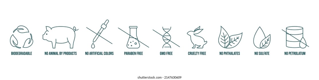 embalaje de gel de estilo y icono de listado de amazones biodegradable, sin colores artificiales, sin parabenos, sin gmo, sin crueldad, sin ftalatos, sin sulfato, sin ilustración vectorial de petrolato 