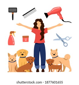 Styling and grooming professional barber in pet hair salon in cartoon style.  Woman, dog and tools - hairdryer, scissors, hairbrush.  Design for poster, banner, flyer, web, mockup, business, company.